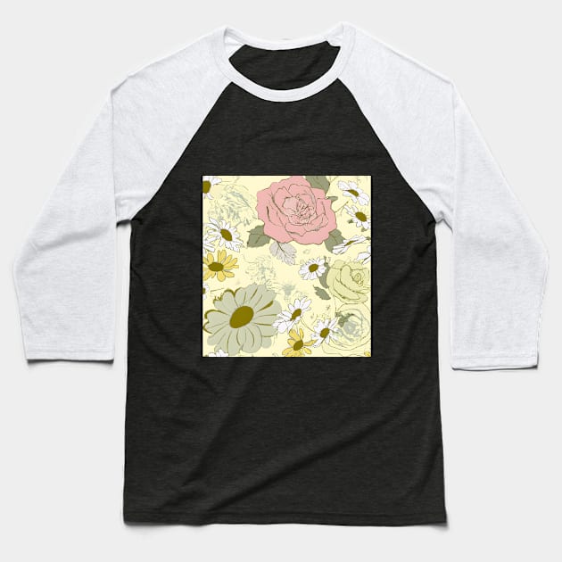 Vintage Floral Design: Hand-Drawn Daisies and Roses on a Pale Yellow Canvas. Baseball T-Shirt by Zenflow